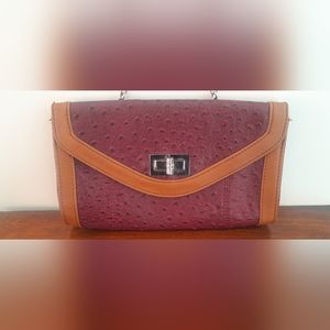 Apt 9 Purse, Style 3 Ways, Deep Red Faux-ostrich Covered, Tan Trim, Silver Chain